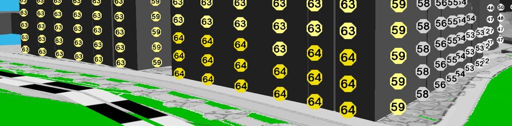 Figur 6. Heile fasaden mot Kanalveien, samt delar av fasadane mot nord og sør, får støynivå over Lden = 55 db.