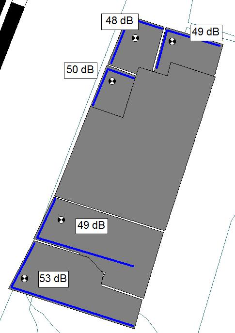 5.1.3 Støynivå på takterrassar Takterrassar på B1, ved Kanalveien, får tilfredsstillande støynivå med 1,2 m høge og tette rekkverk, sjå skjerma støynivå frå