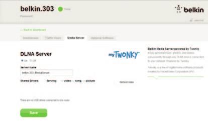Andre egenskaper Media Server by mytwonky Media Server by mytwonky gjør det mulig for ruteren å direkteavspille musikk, filmer og bilder til forskjellige DLNA/UPnP-enheter på nettverket.