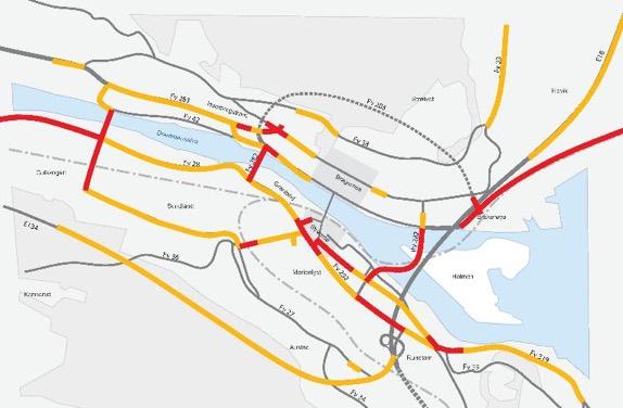 2036: Trafikksituasjonen i Drammen uten ny strategi Overbelastet Nær