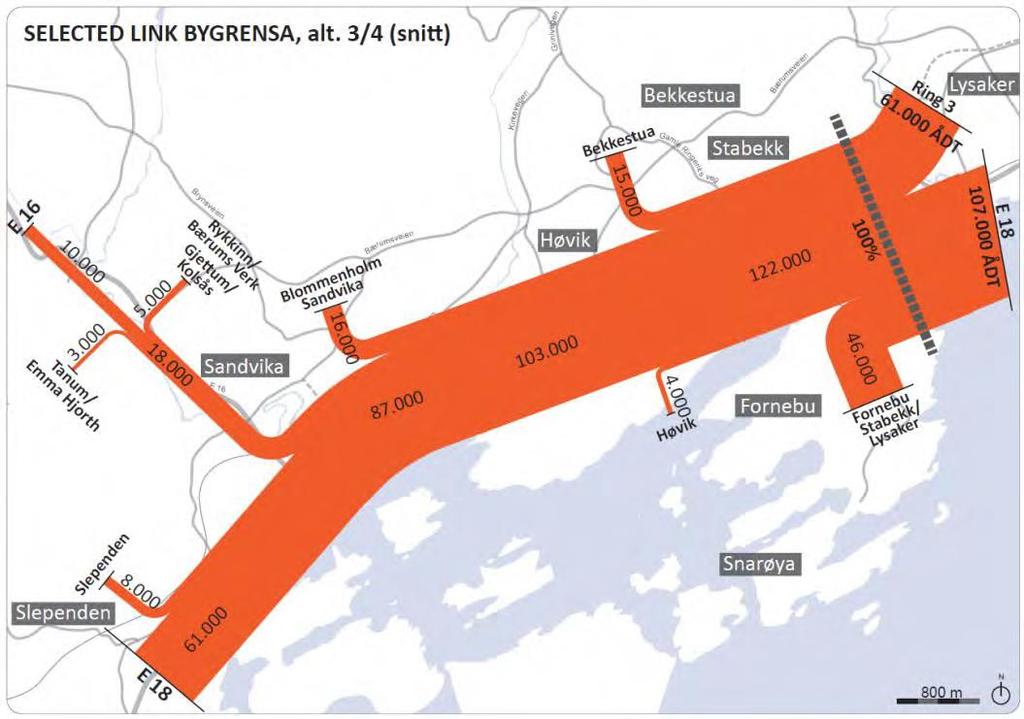 Figur 6-9 Illustrasjon av hvor trafikken som krysser bygrensen på ny E18 skal til/ fra. Beregningene er gjort uten bompenger på ny E18.