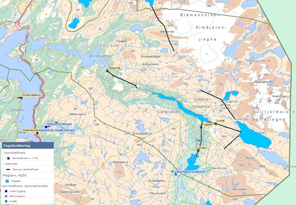 Bakgrunn Fauske og Sulitjelma er allerede sterkt utbygd med flere store vannkraftverk, jf. figur 1. I Sulitjelmavassdraget bidrar Sjønstå, Lomi, Fagerli og Daja kraftverk med til sammen ca.