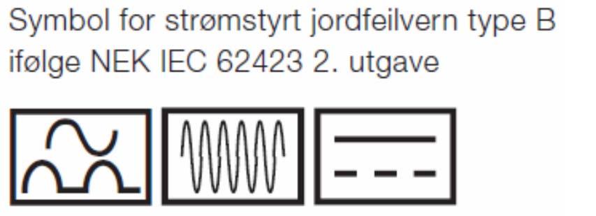 Jordfeilbrytere type A og B Jordfeilbryter type A Vanlig jordfeilbryter som gir beskyttelse mot vekselstrøms - jordfeil Jordfeilbryter type B Jordfeilbryter som gir beskyttelse mot like-/og