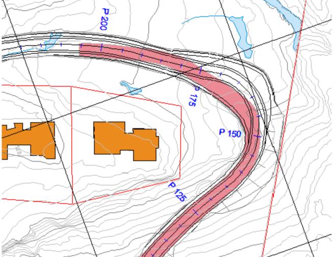 den store svingen (i profilområdet 145 180), og ved at svingen her vert forlenga og får større breidde. Det vert vist til følgjande dokument frå SH Oppmåling. Notat av 20.06.