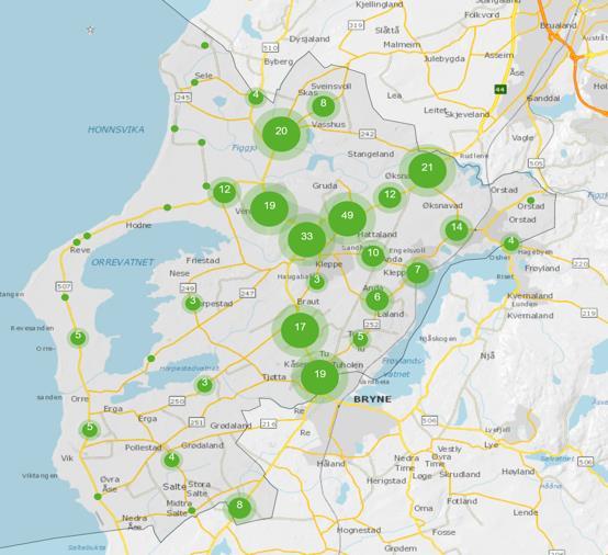 Figur 6: Kart som viser trafikkulykker i Klepp i perioden 2001-2016 (Kilde: Vegkart.no) Ulykkene på det kommunale og det private vegnettet er ofte spredte og tilfeldige.