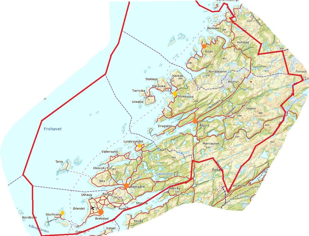 Figur 2: Kart over Fosen brann- og redningstjeneste IKS sitt beredskapsområde, oransje punkt indikerer hovedstasjoner og gult indikerer bistasjoner. 1.