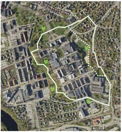 Høyskoleparken grønn korridor Høyskoleparken ligger sentralt i Elgeseter Bydel og sentralt i Trondheim, med store og delvis tett befolka boligområder omkring.