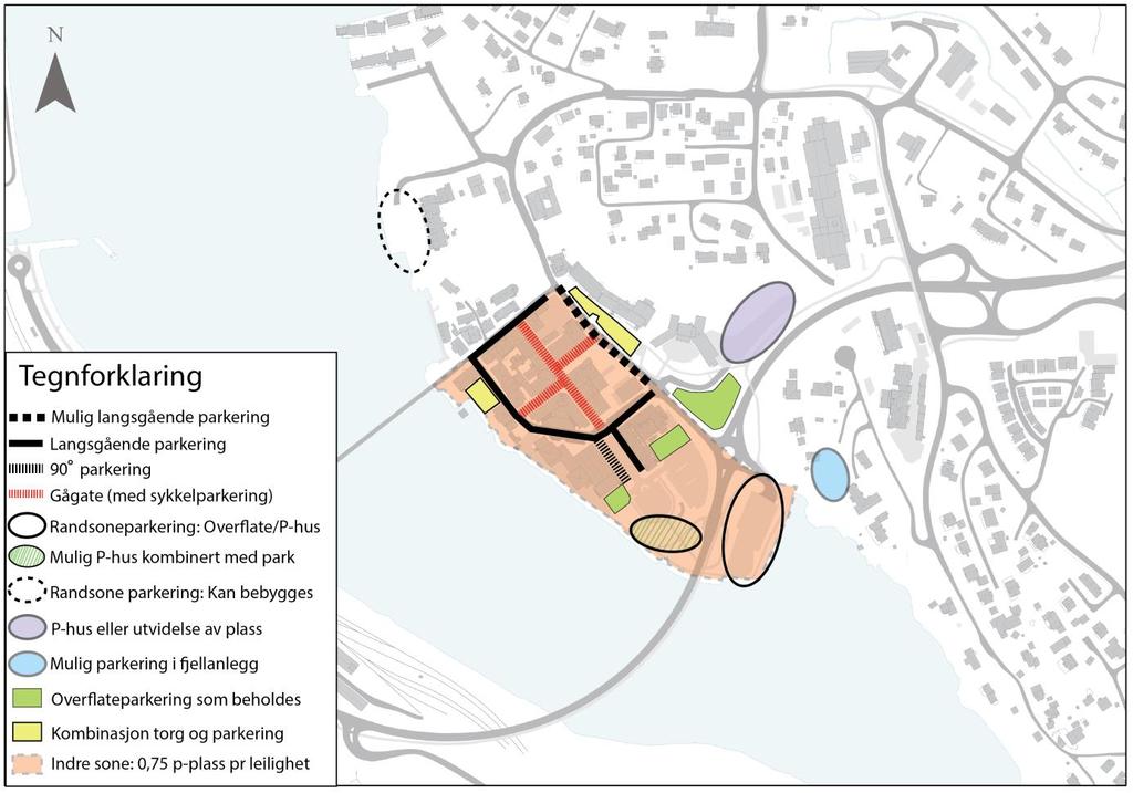 Figur 22 Skissert parkeringsløsning for Eidsvoll sentrum Med den foreslåtte parkeringsløsningen vil antall allment tilgjengelige parkeringsplasser ligge på et sted mellom ca.