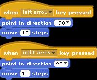 BEVEGELSE OG ROTASJON Dere kan bruke when key pressed for å få en figur til å bevege seg ved hjelp av piltastene. I Scratch har vi to typer bevegelser: 1.