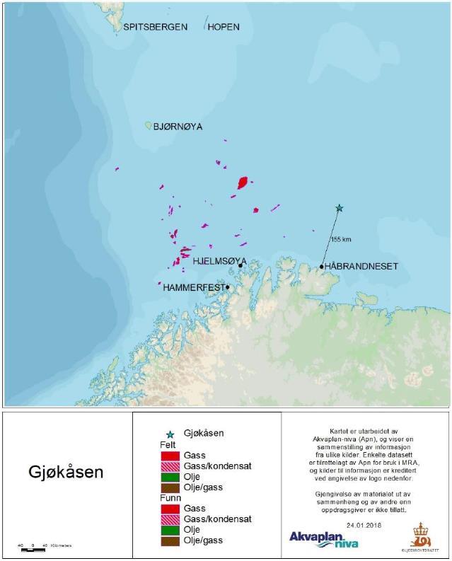 Figur 1-1 Lokasjon til letebrønn 7132/2-1 Gjøkåsen. Korteste avstand til fastlands Norge (Finnmark) er 155 km. Kart hentet fra miljørisikoanalysen for brønnen [1]. 1.3 Definisjoner og forkortelser Sentrale ord og uttrykk som inngår i beredskapsanalysen er kort beskrevet nedenfor: DFU: Definert fare- og ulykkessituasjon.