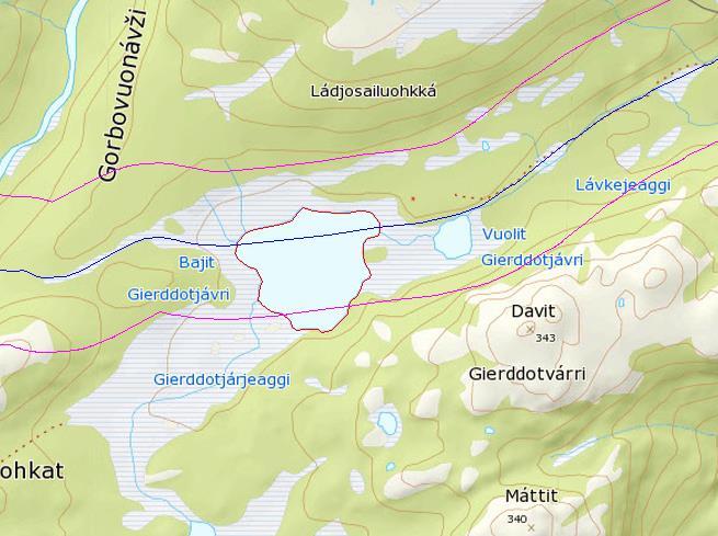 Løype 7: Indre Billefjord (Jeahkir-veien) - Buoidejávri (303) Bajit Gierddotjávri (214) Figur 17 Skuterløype vises med blå strek.