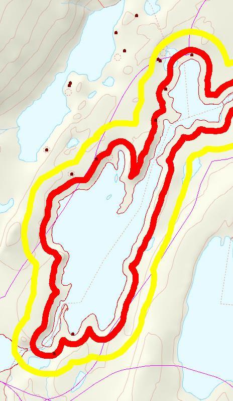 Figur 54 Støysonekart mot støyømfintlig bebyggelse. Rød støysone ligger innenfor rød strek 50 meter fra vannkanten.