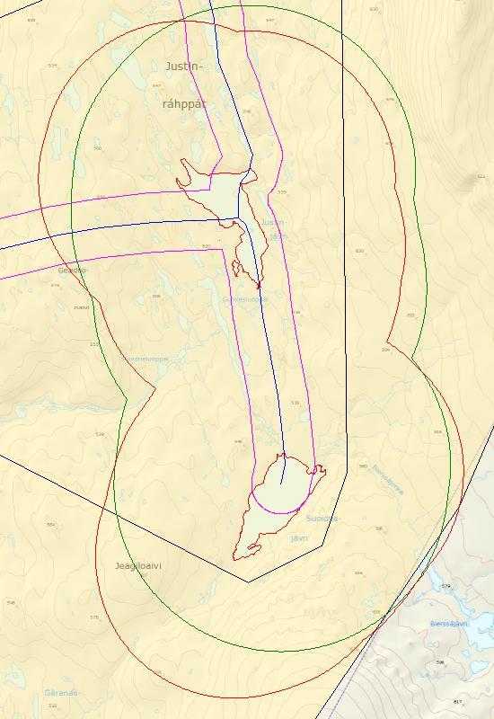 Figur 66 Flater angir friluftslivsområder. Rød buffersone angir støysone 1400 meter fra vannkanten. Grønn buffersone angir støysone 1400 meter fra dagens rastegrense.