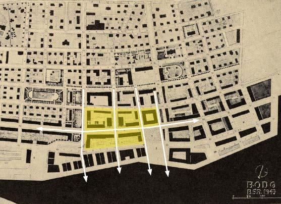 Figur 24: Kart over byplanen fra etterkrigstiden, etter Brente steders regulering. Planområdet er markert i gult, og pilene viser aksene som var svært viktige i denne byplanen.