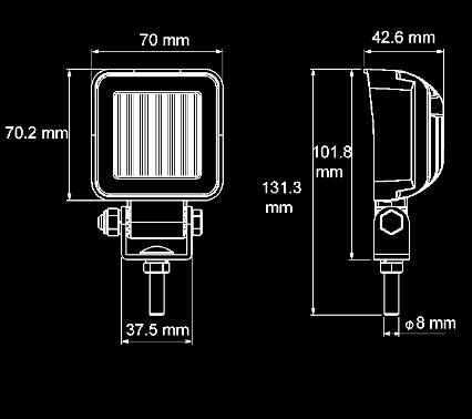 ARBEIDSLYS Arbeidslys LED - 700/450 Lumen EMC Støpt aluminiumshus med ribber for kjøling Monteringsbøyle i rustfri stål Lysglass i polycarbonat Spenning IP Rating Tilslutning Kabel lengde 12-36V