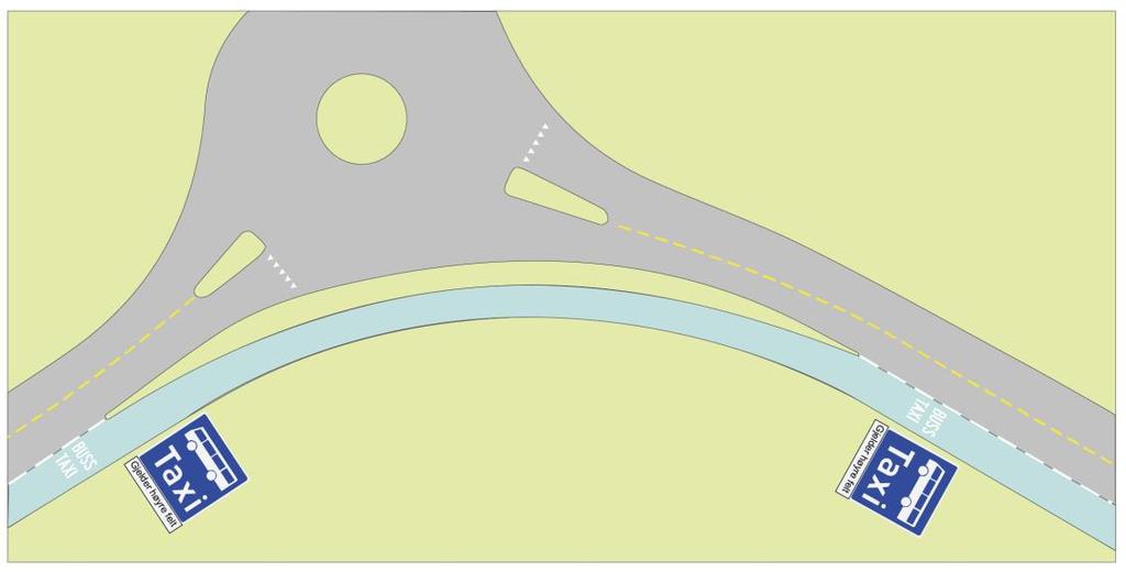 T-kryss Rundkøyring med filterfelt Bussane køyrer i separat filterfelt utanfor rundkøyringa full prioritet frå vestre til austre akse I samsvar med N100, kan passe i