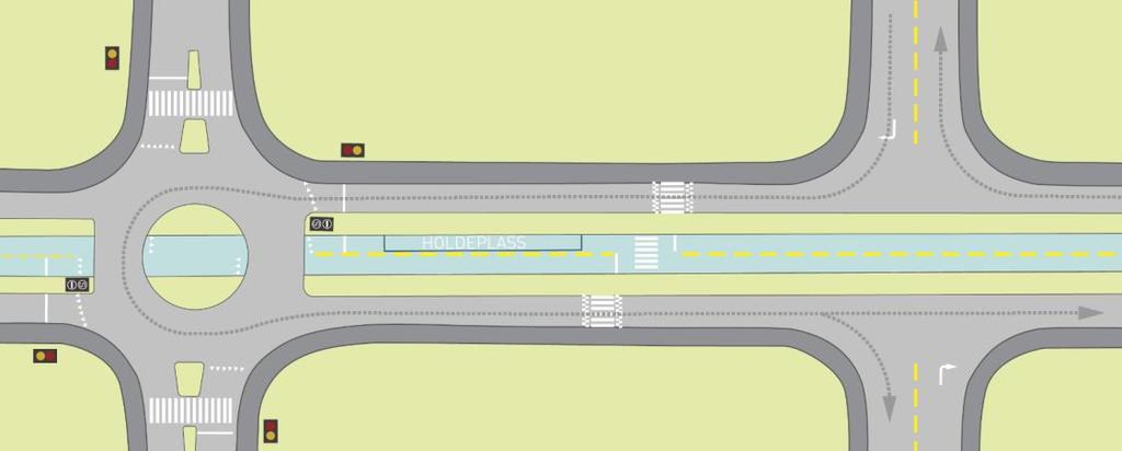 Spesialløysingar Høgre av/høgre på Buss køyrer i midstilt kollektivtrasé. Det er høgre av/høgre på for sidevegar.