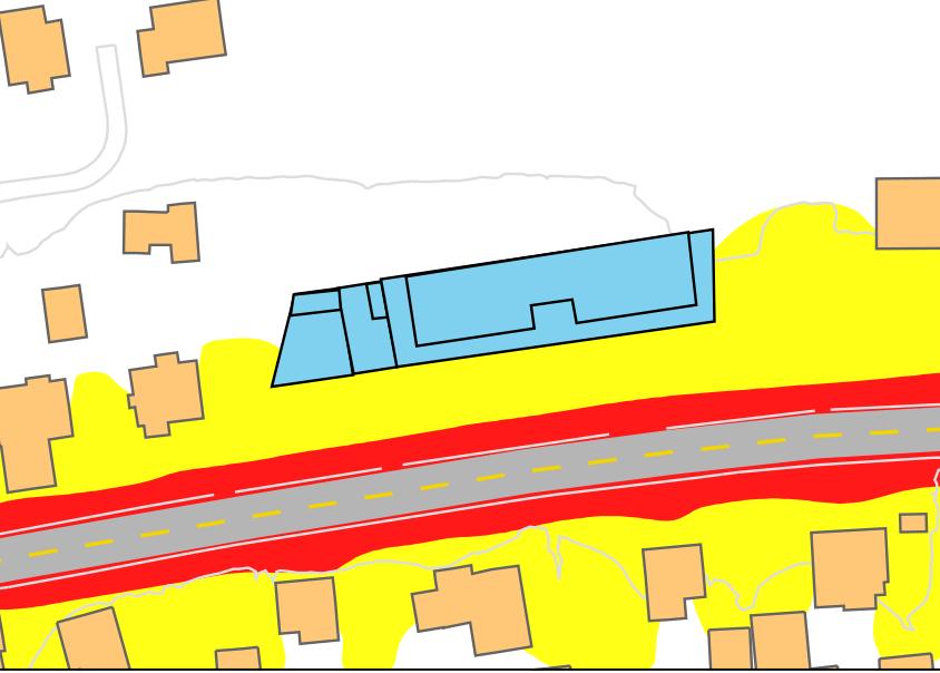 10 (14) GAMLE RIKSVEI 104-106 6. RESULTATER Figurene i dette kapittelet viser støysonekart og fasadenivåer for planlagt boligbygg ved Gamle Riksvei 104-106, iht. T-1442.