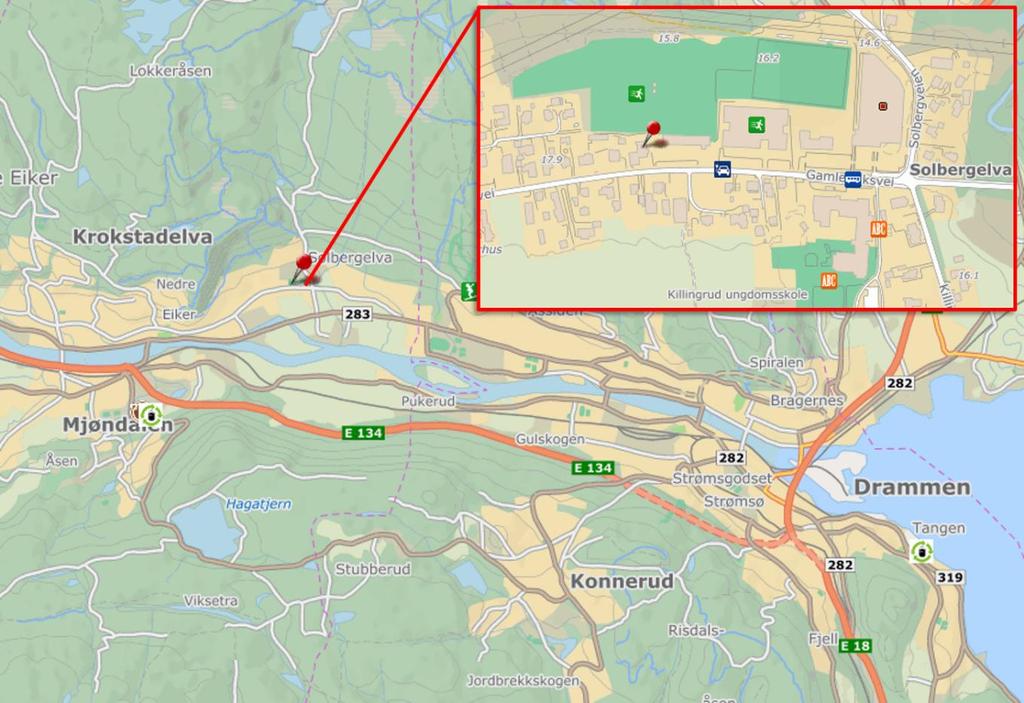 4 (14) GAMLE RIKSVEI 104-106 1. SAMMENDRAG Det reguleres nye boliger ved Solbergelva i nedre Eiker kommune.