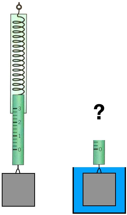 Et lodd med massetetthet ρ L = 4000 kg/m 3 henger i en kraftmåler som vist på bildet. Når loddet henger i luft viser kraftmåleren 0,8 N. Hva viser kraftmåleren når loddet er nedsenket i vann?