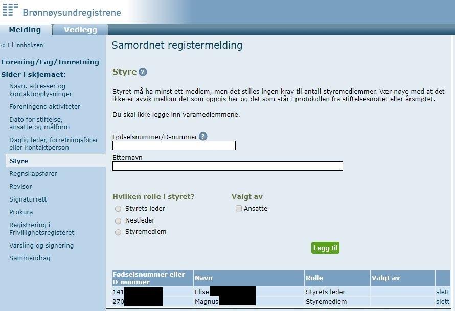 Steg 8: Her fylles det inn fødselsnummer og etternavn på styret.