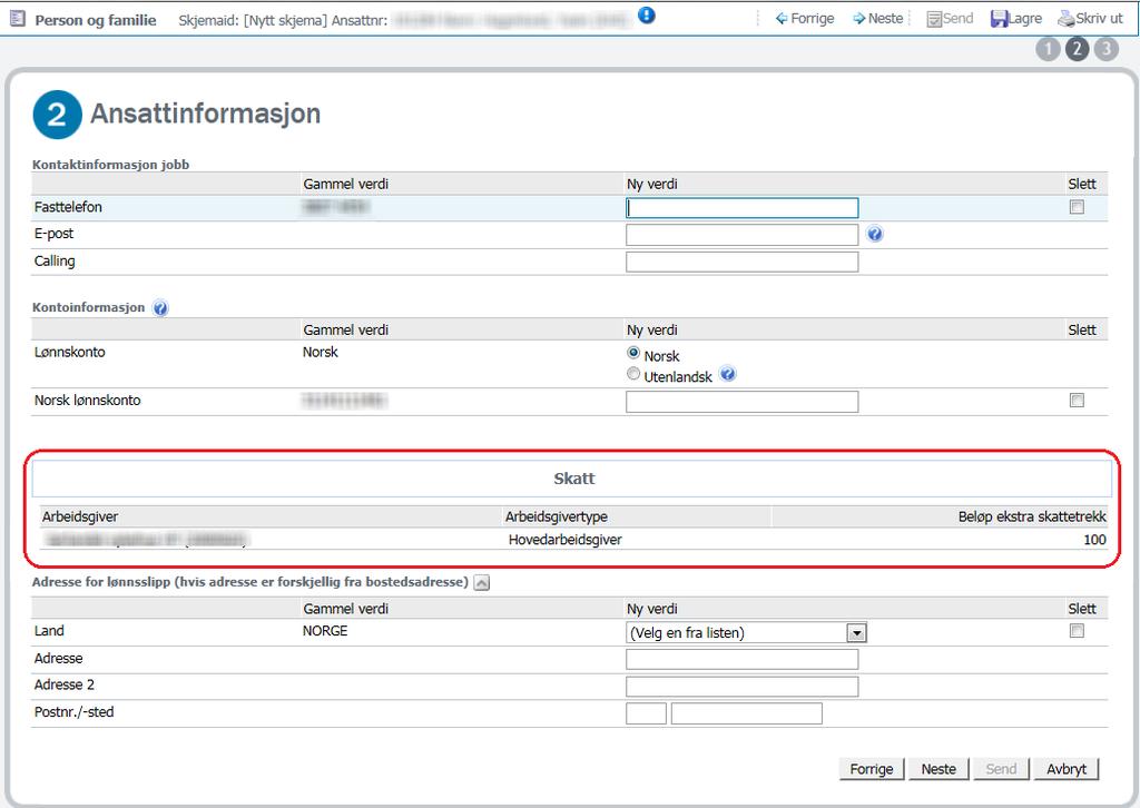 Skatt, listes den ansattes skatteinformasjon opp.