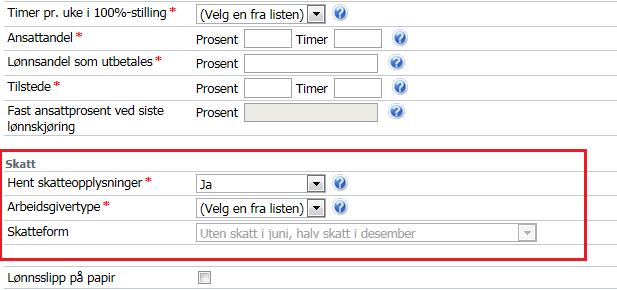 Endringer må gjøres via skjemaet «Person og familieinformasjon». I standard oppsett er feltet synlig men ikke obligatorisk. Blank verdi vil automatisk gi hovedarbeidsgiver i Paga. 5.2.