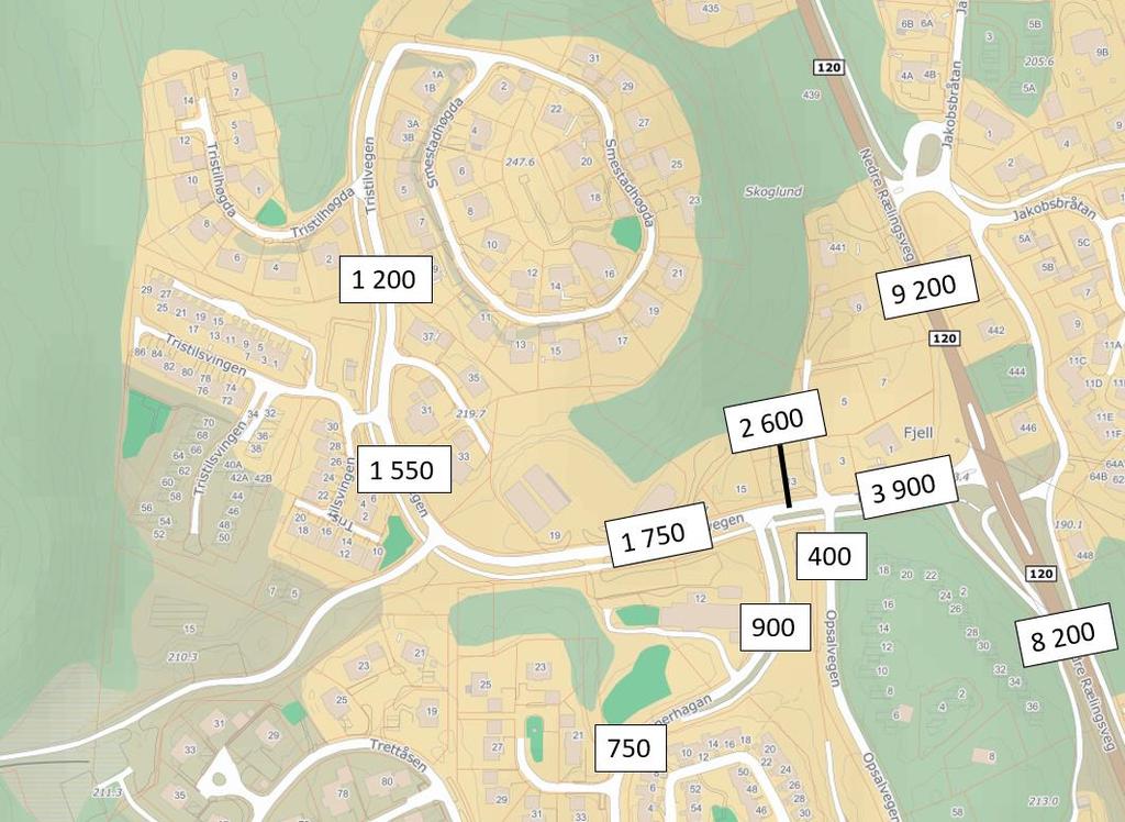 10 Figur 10: Trafikkmengder i området etter tiltakene. Bakgrunnskart: finn.no. Samlet trafikkmengde i makstime gjennom krysset Nedre Rælingsveg x Tristilvegen vil være ca. 900 biler.