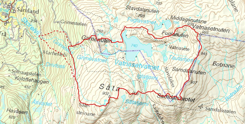 Nedbørfeltet er avgrenset av Såta (902 moh.) og Samdalsnuten (957 moh.) i sør, av Vatnasetnuten (995 moh.) i øst og Fuglanuten og Grimenuten (762 moh.) i nord.