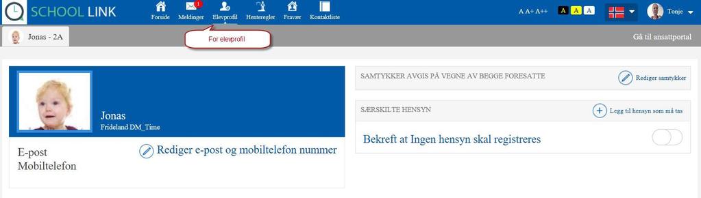 5. Elevprofil Via barnets elevprofil kan du administrere varslinger og se informasjon om barnet. Denne informasjon hentes fra skolens administrasjonssystem.