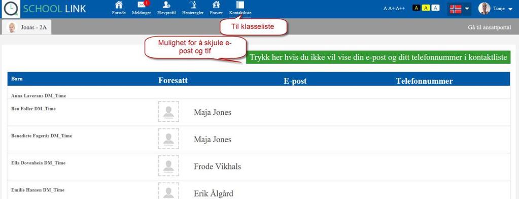 6. Klasseliste - kontaktliste I klasselisten vises elevene og navn på foresatte i klasser du har tilknytning til.