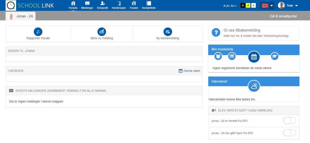 2. Forsiden Når man logger på SchoolLink via nettleseren kommer man til foresattportalens hovedside: Er du foresatt for flere barn i skole bytter du mellom barna ved å