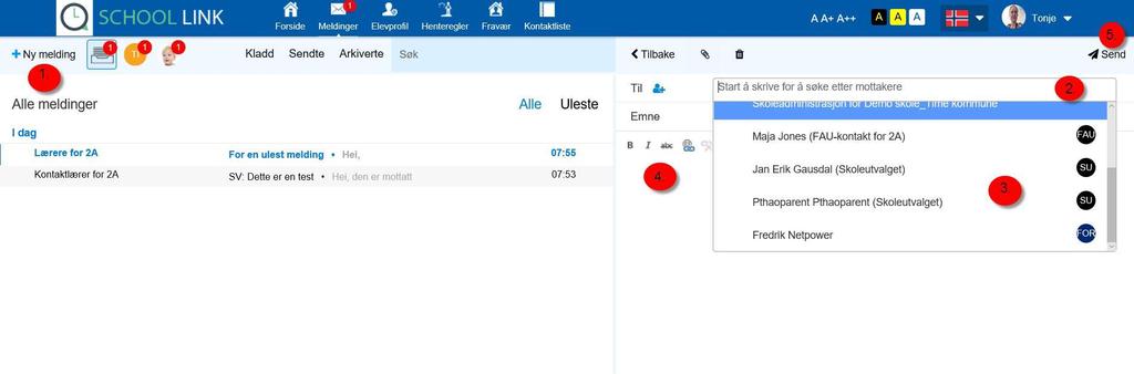 3.1. Sende melding til skolen Du kan sende meldinger til ansatte som har tilknytning til dine barns grupper. For skole vil dette typisk være kontaktlærer og faglærere for klassen.
