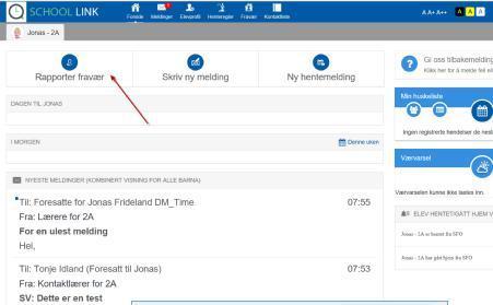 4. Fravær 4.1. Melde fravær til skole Fra forsiden, trykk på "Meld fravær": I fraværsvinduet velger du først hvilket barn du vil melde fravær for, fra nedtrekkslisten.