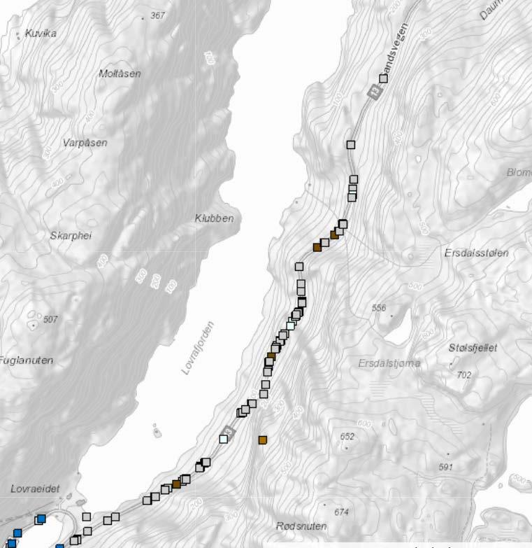 Oversikta viser både nedfall frå fjell/dalside og frå skjering/tunnelmunning. Normalt reknar ein ikkje nedfall frå skjering/tunnelmunning som skred 2. har utført eit forprosjekt.