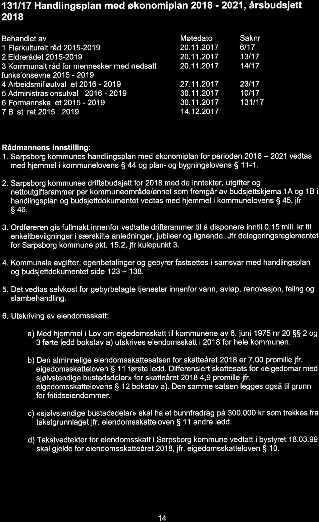 131/17 Handlingsplan med økonomiplan 2018-2021, årsbudsjett 2018 1 Flerkultureltråd2015-2019 2 Eldrerådet 2015-2019 3 Kommunalt råd for mennesker med nedsatt funks"onsevne 2015-2019 4