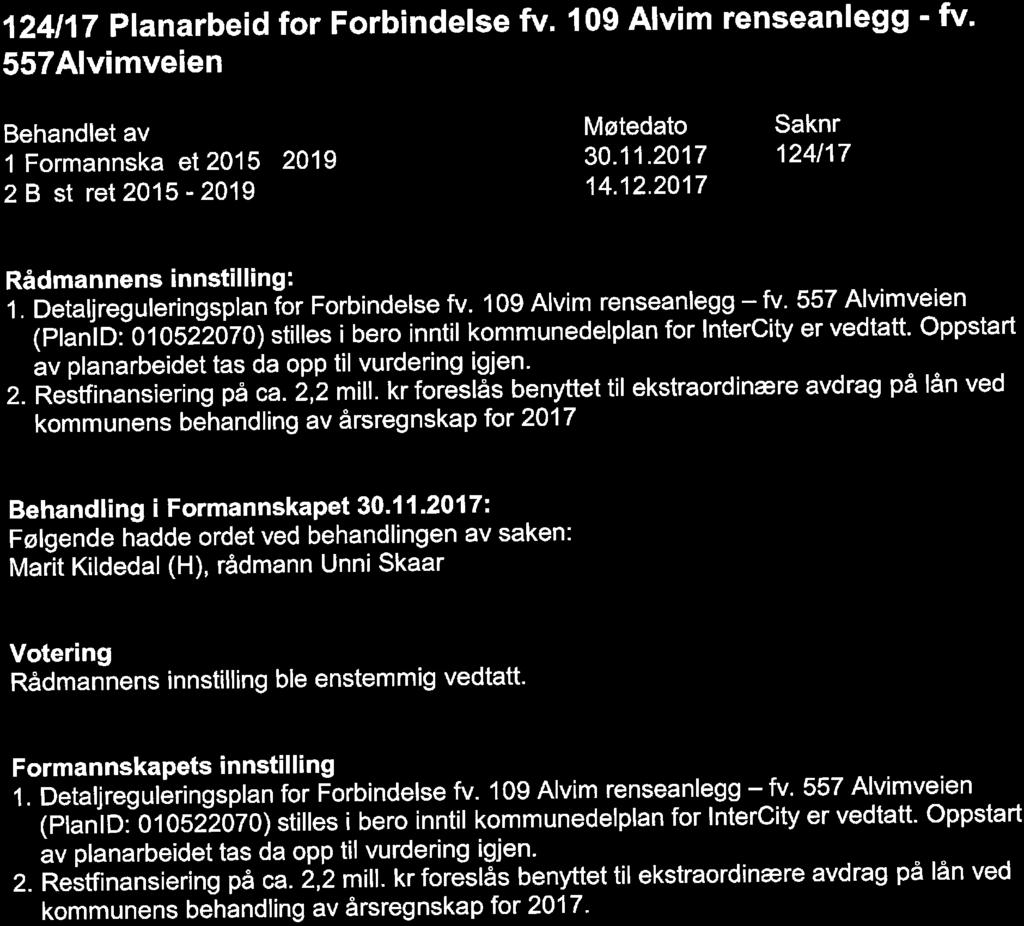 124/17 Planarbeid for Forbindelse fv. 109 Alvim renseanlegg - fv. 557Alvimveien 1 Formannska et 2015-2019 2 B st ret 2015-2019 Møtedato 30. 11. 2017 14. 12.