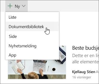 (Hvis du velger et gruppeområde, opprettes en Office 365 -gruppe også.) Legge til en side Velg + Ny > Side i det nye området, gi navn til siden, og velg deretter Publiser.