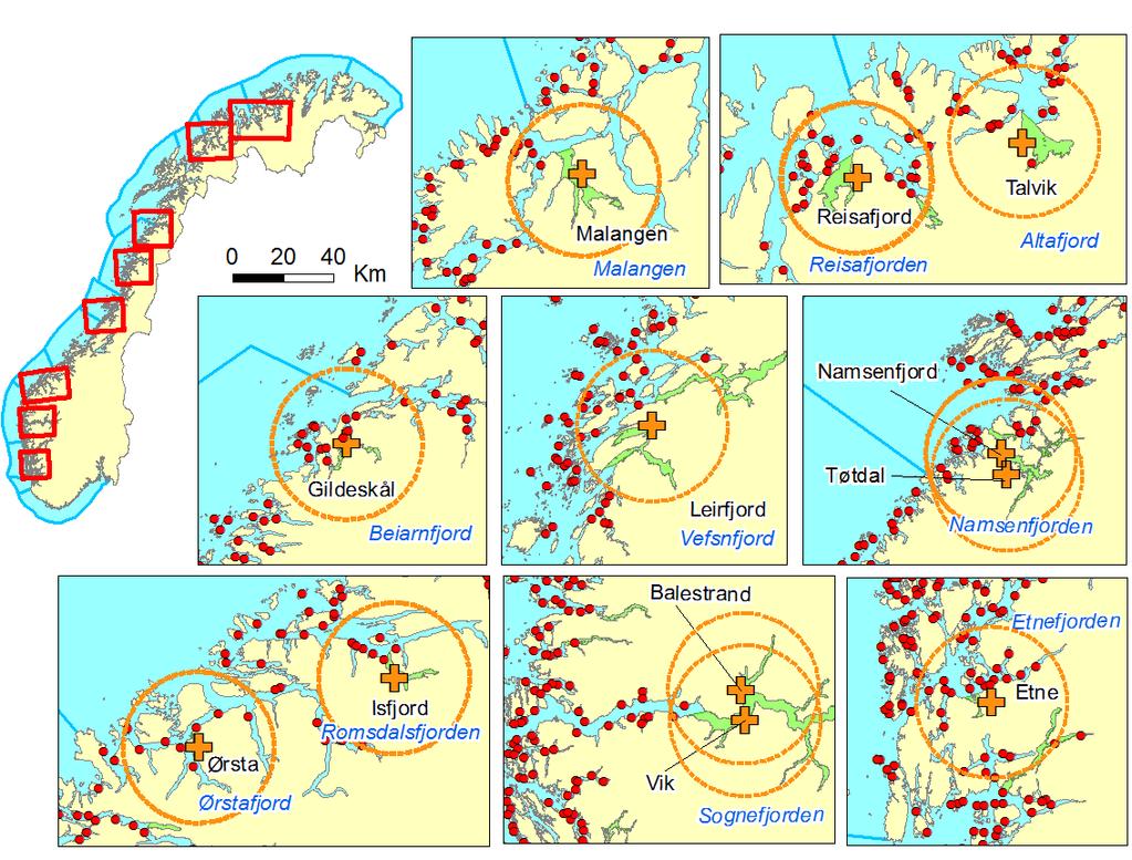 Figur 2. Mindre nasjonal laksefjorder (<30 km til nærmeste oppdrettsanlegg). Stiplete ringer indikerer 30 km fra fangstlokalitet (kryss), mens røde punkter viser oppdrettsanlegg.