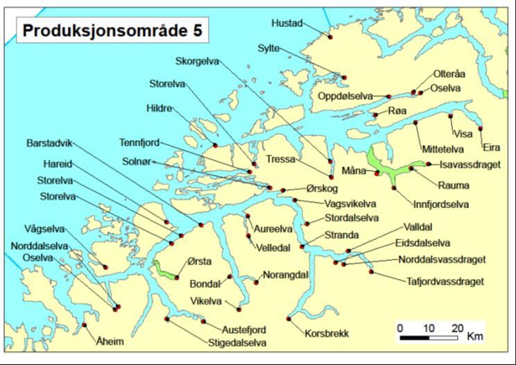 3 Nordhordland til Stadt (Produksjonsområde 4) I dette området er det 5 nasjonale laksefjorder; fjordene rundt Osterøy (NLF 7) med Vosso, indre del av Sognefjorden (NLF 8) med Vikja, Nærøydalselva,
