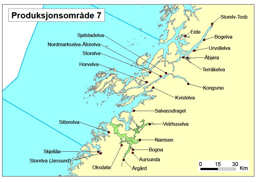 5.3.7 Helgeland til Bodø (Produksjonsområde 8) I dette området er Vefsnfjorden (NLF 19) med Vefsna og Ranfjorden (NLF 20) med Ranselva eksempler på fjorder som munner ut