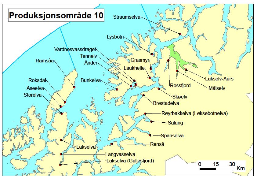 5.3.9 Andøya til Senja (Produksjonsområde 10) Roksdalsvassdraget (NLF 22) på Andøya er nasjonalt laksevassdrag, men uten NLF (Figur 19).