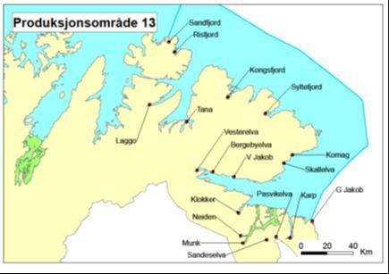 11 Vest-Finnmark (Produksjonsområde 12) Altafjorden (NLF 26) med Altaelva og Porsanger (NLF 28) med Stabburselva, Lakselva og Børselva er eksempler på fjorder som er delvis beskyttet ved at det er