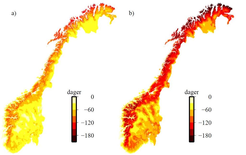 Snøsesongen blir kortere Endringer fra 1971-2000 til