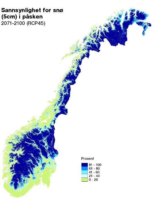 Sannsynlighet for påskesnø > 5 cm 1971-2000