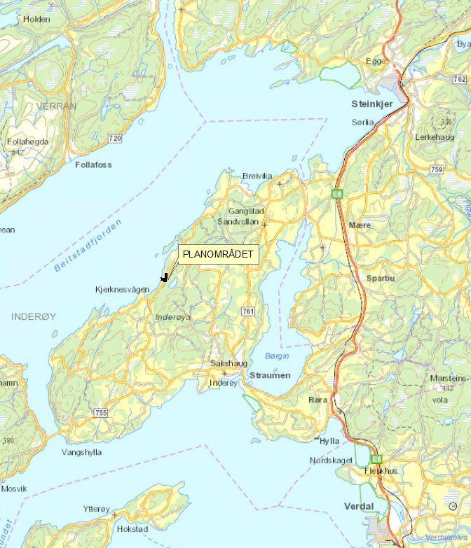 2. DAGENS SITUASJON 2.1 Beliggenhet og beskrivelse av planområdet Området ligger like nord for Kjerknesvågen på Inderøya, ca 1mil fra Straumen, 2,5 mil fra Steinkjer og 115km fra Trondheim.