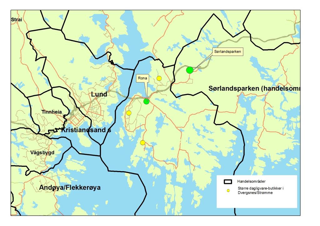 Bydelssenter på Rona - potensial 11 3 DETALJVAREHANDEL OG HANDLEREISER I REGIONEN I forbindelse med modellarbeidet er Agder-fylkene inndelt i ulike handelsområder i Agderregionen, som gir grunnlaget