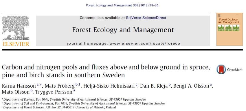 Enkelte arter kan bidra til høyere lagring av C i stabil form i mineraljordsjiktet Sammenlikning av C lagre i et 40-årig bestand av gran, furu og bjørk («common