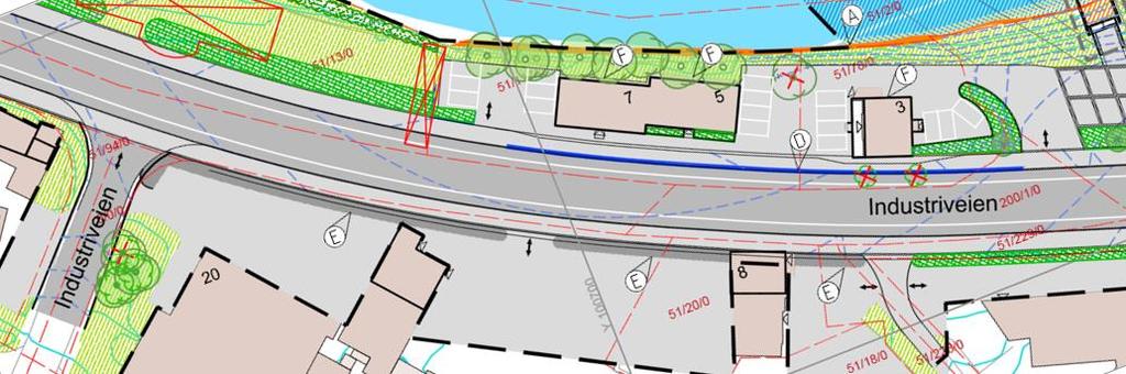 På grunn av høydeforskjell mellom fremtidig vegbane og eiendommene Industriveien 3 og 5, vil det ikke være mulig å opprettholde atkomsten som er regulert rett nord for Industriveien 3, vist med sort