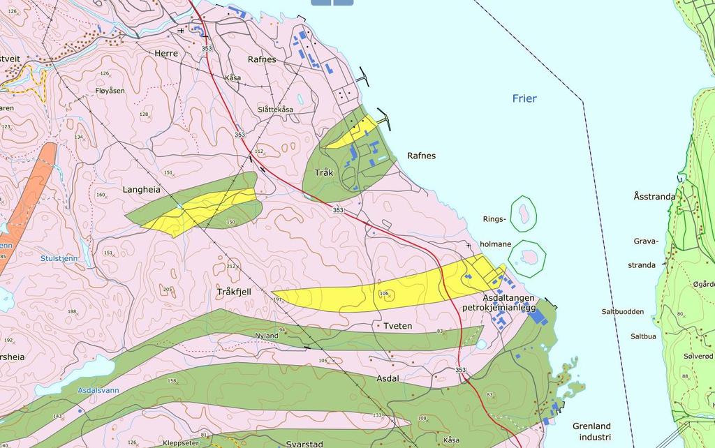 4.1. Naturressurser Georessurser Berggrunnkartet, Figur 4-3, viser at store deler av Frier Vest består av diorittisk til granittisk gneis, migmatitt (rosa